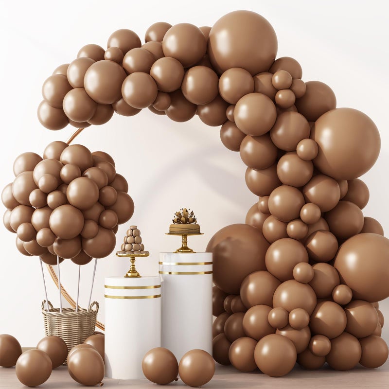 RUBFAC Brown Balloons 129pcs Different Sizes Pack of 18 12 10 5 Inch, Latex Boho Neutral Coffee Tan Balloon Garland Arch Kit for Baby Shower Jungle Safari Fall Birthday Bear Themed Party Decorations - Image 1