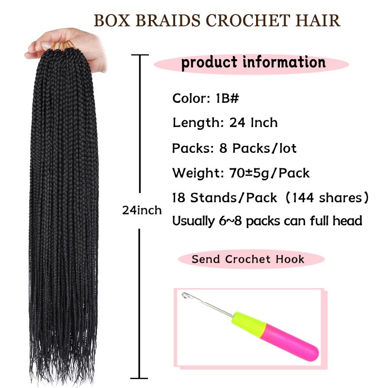 Xtrend 8 Packs 24 Inch Box Braids Crochet Hair Pre-Looped Knotless Medium 3X 144 Strands Boho Hair Extensions Long Black Synthetic for Woman (1B#) - Image 3
