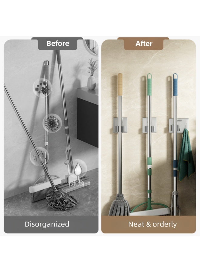 NOVOLAN Wall Hooks Self Adhesive Wall Mounted Stainless Steel Broom Holder, Mop Hook Punch-Free Bathroom Storage Sticky Hook Broom Hanger Strong Viscose Wall-Mounted Mop Clip 4Pcs (#2) - Image 3