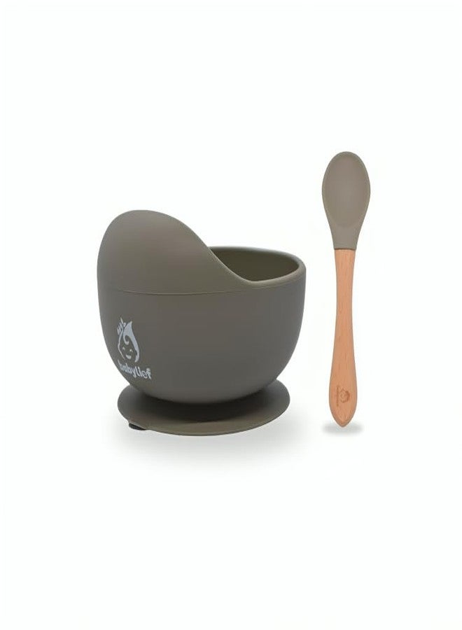 Babylief™ Silicone Suction Bowl and Wooden Handled Silicone Spoon Combo (Sage Green) - Image 1
