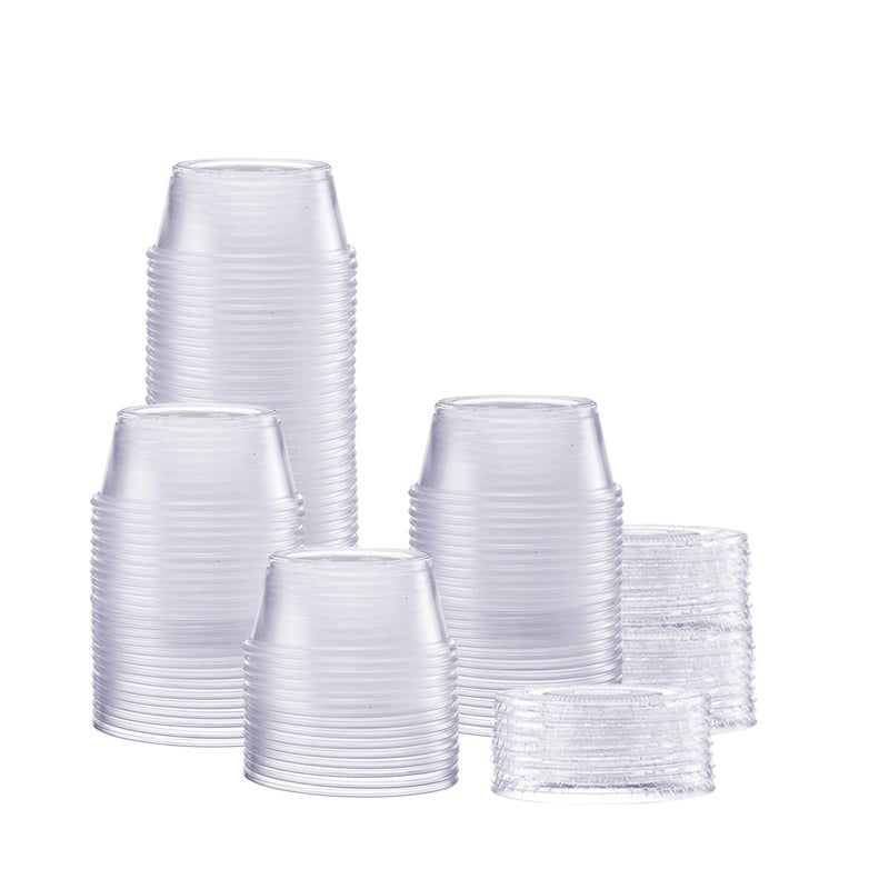 Gusto Comfy Package 325 oz  100 Count Clear Disposable Plastic Portion Cups with Lids  Souffl Cups Jello Shot Cups With Lids Clear Plastic Containers Perfect for salad Dressing and More 