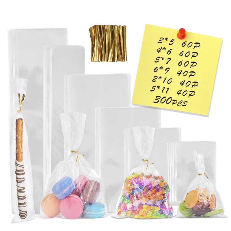 NEOACT 300 PCS Clear Flat Cellophane Treat Bags with 3x54x65x76x92x105x11Treat Bags with Ties are Good for Pretzel RodsBakery Cookies CandiesDessert - Image 2