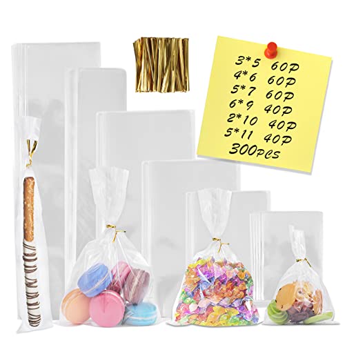 NEOACT 300 PCS Clear Flat Cellophane Treat Bags with 3x54x65x76x92x105x11Treat Bags with Ties are Good for Pretzel RodsBakery Cookies CandiesDessert - Image 1