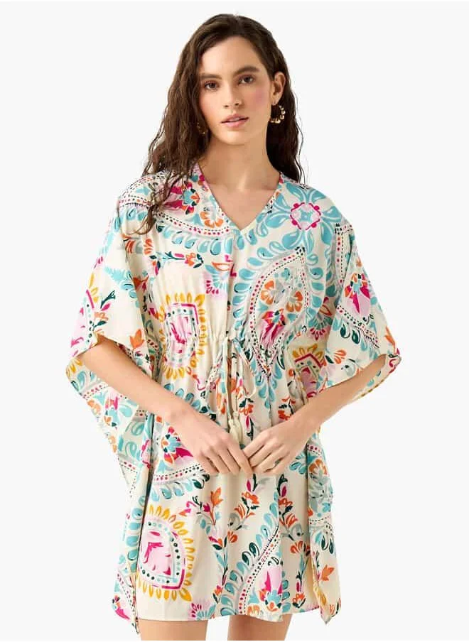 FAV Printed Kaftan Cover Up with Tie-Up and V-neck