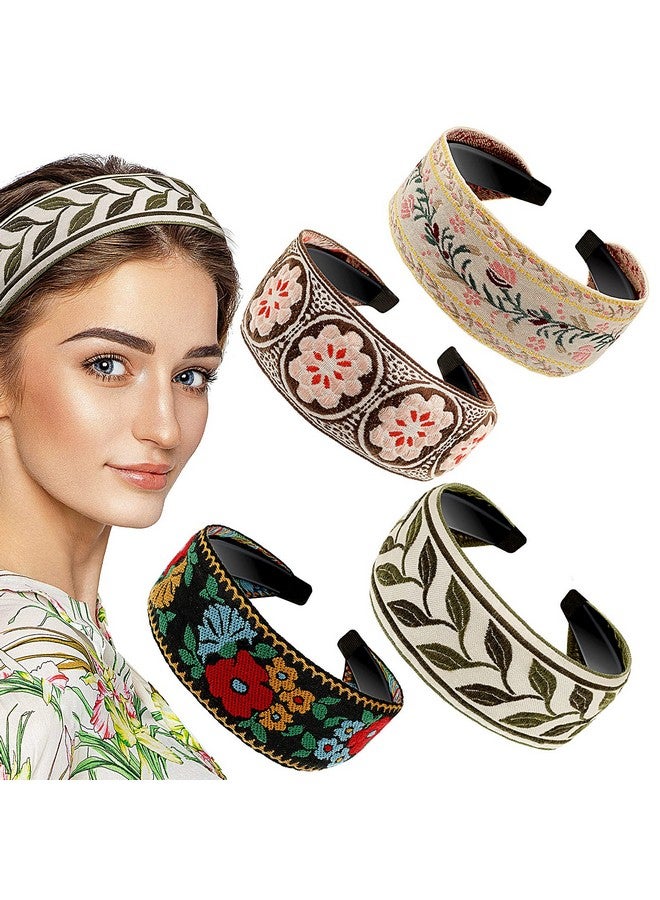 eBoot 4 Pieces Boho Handmade Embroidery Bohemia Floral Wide Vintage Ethnic Style Hair Band For Women Girls Hair Accessories (Classic Pattern) - Image 1