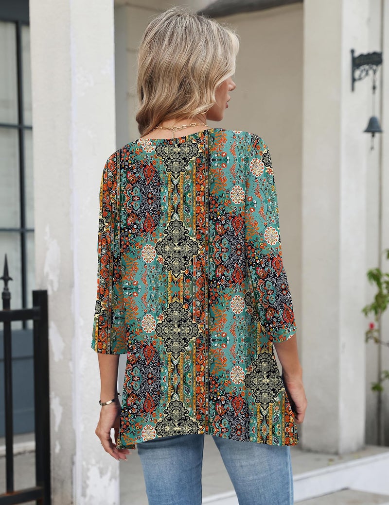 LUYAA 3/4 Sleeve Tops for Women Dressy Casual Womens Summer Outfits Plus Size Womens Clothing Boho Clothes for Women Retro Ethnic Print XL - Image 2