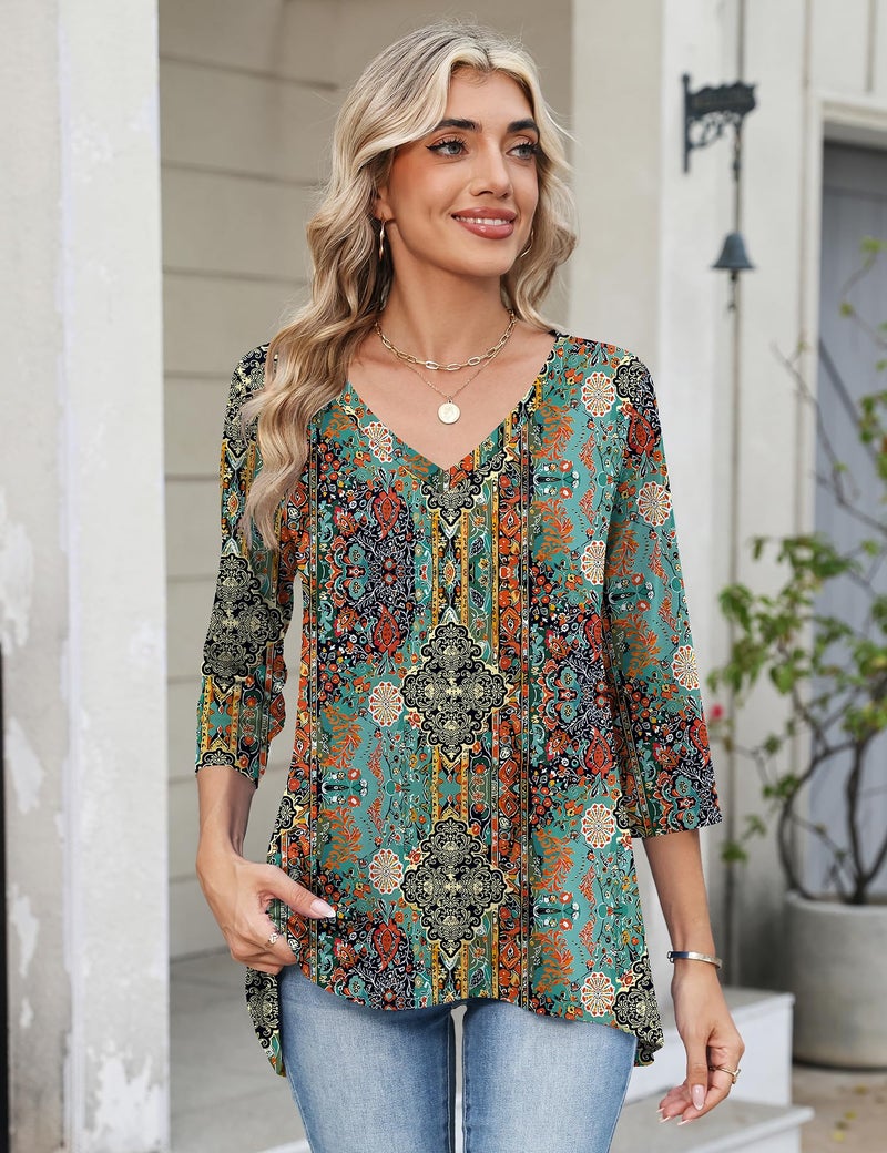LUYAA 3/4 Sleeve Tops for Women Dressy Casual Womens Summer Outfits Plus Size Womens Clothing Boho Clothes for Women Retro Ethnic Print XL - Image 3