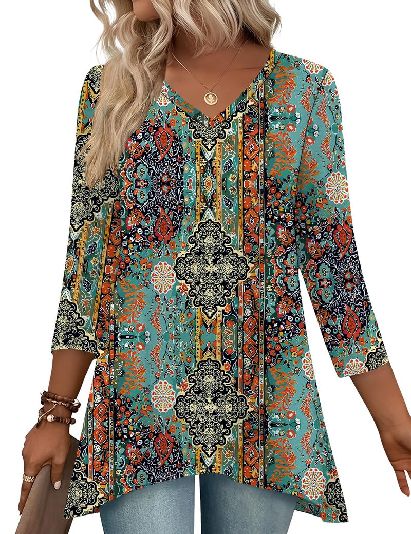 LUYAA 3/4 Sleeve Tops for Women Dressy Casual Womens Summer Outfits Plus Size Womens Clothing Boho Clothes for Women Retro Ethnic Print XL - Image 1