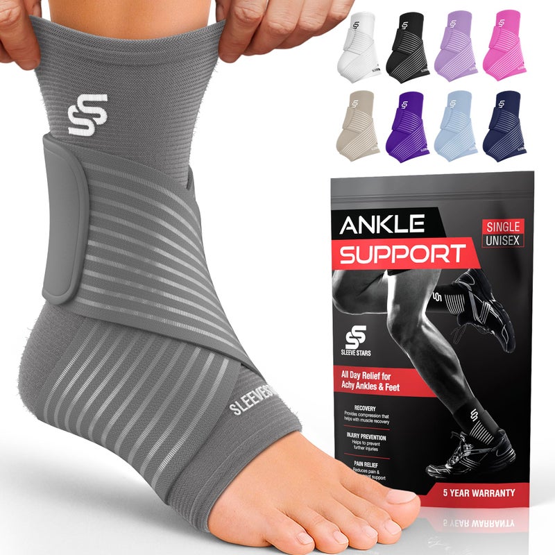SS SLEEVE STARS Sleeve Stars Ankle Brace for Women Men Ankle Wrap for Sprained Compression Sleeve for Plantar Fasciitis Relief Easy Customizable Support w Removable Strap SingleM1012Gray 