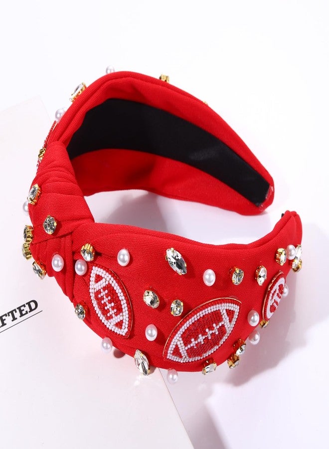 YAHPERN Crystal Pearl Knotted Headbands for Women, Jeweled Wide Top Knot Hair Accessories (Football White&Red) - Image 4