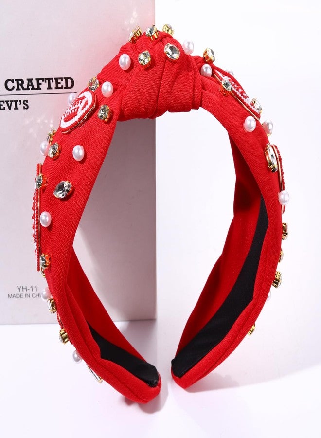 YAHPERN Crystal Pearl Knotted Headbands for Women, Jeweled Wide Top Knot Hair Accessories (Football White&Red) - Image 3