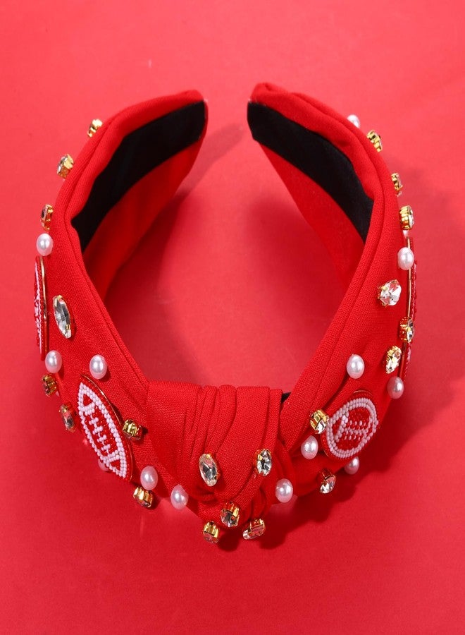 YAHPERN Crystal Pearl Knotted Headbands for Women, Jeweled Wide Top Knot Hair Accessories (Football White&Red) - Image 5