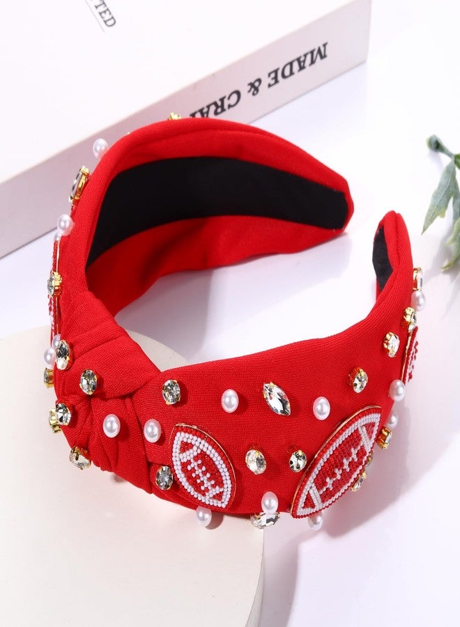 YAHPERN Crystal Pearl Knotted Headbands for Women, Jeweled Wide Top Knot Hair Accessories (Football White&Red) - Image 2