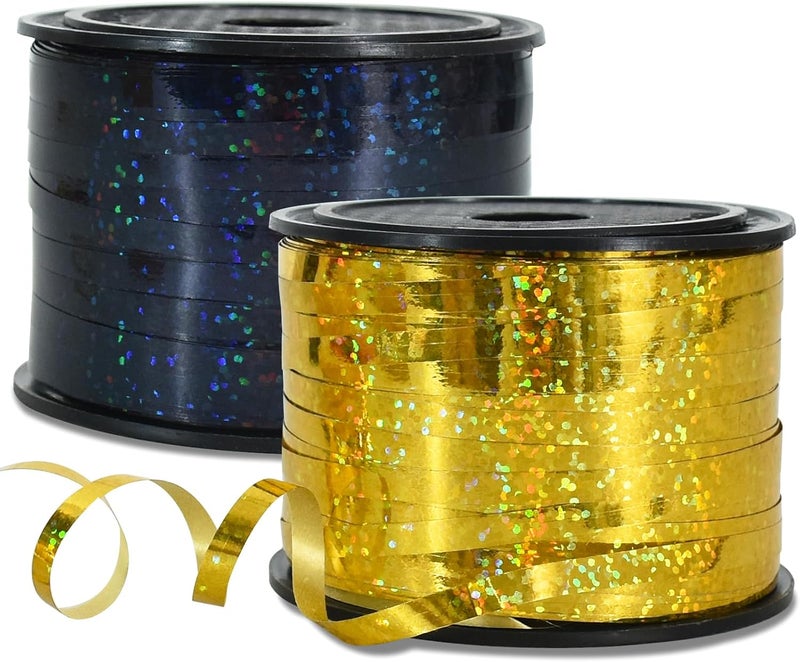 BEISHIDA 2 Pack 100 Yards Black Gold Curling Crimped Glitter Ribbon Balloon String Shiny Metallic for Gift Wrapping Ribbon 2026 Happy New Year Graduation Retirement Birthday Party Decoration - Image 1