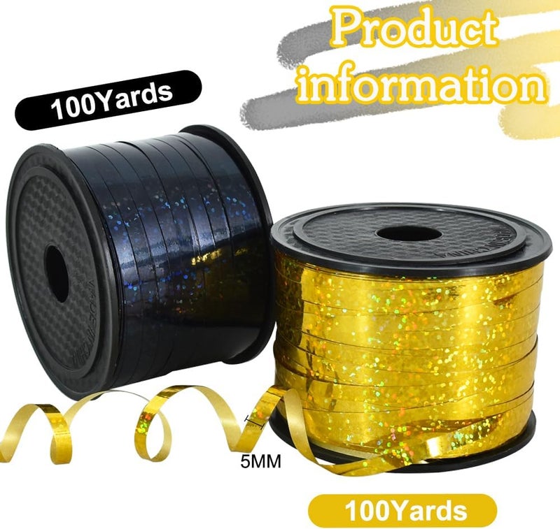 BEISHIDA 2 Pack 100 Yards Black Gold Curling Crimped Glitter Ribbon Balloon String Shiny Metallic for Gift Wrapping Ribbon 2026 Happy New Year Graduation Retirement Birthday Party Decoration - Image 2