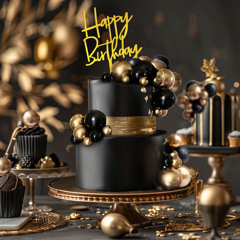 SPFYunion 75 قطعة من كرات تزيين الكعك باللونين الأسود والذهبي، قمة كعكة عيد ميلاد سعيد، إدخال كعكة للاستخدام الذاتي في تزيين الكعك، حفلة استقبال المولود، زفاف، حفلة عيد ميلاد (أسود وذهبي) - Image 5