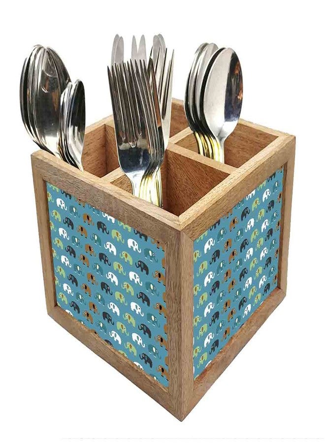 Nutcase Wooden Cutlery Stand Holder Silverware Caddy Spoons Forks Knives Organizer for Dining Table & Kitchen -Made in India-Spoons NOT Included - Elements Blue - Image 1
