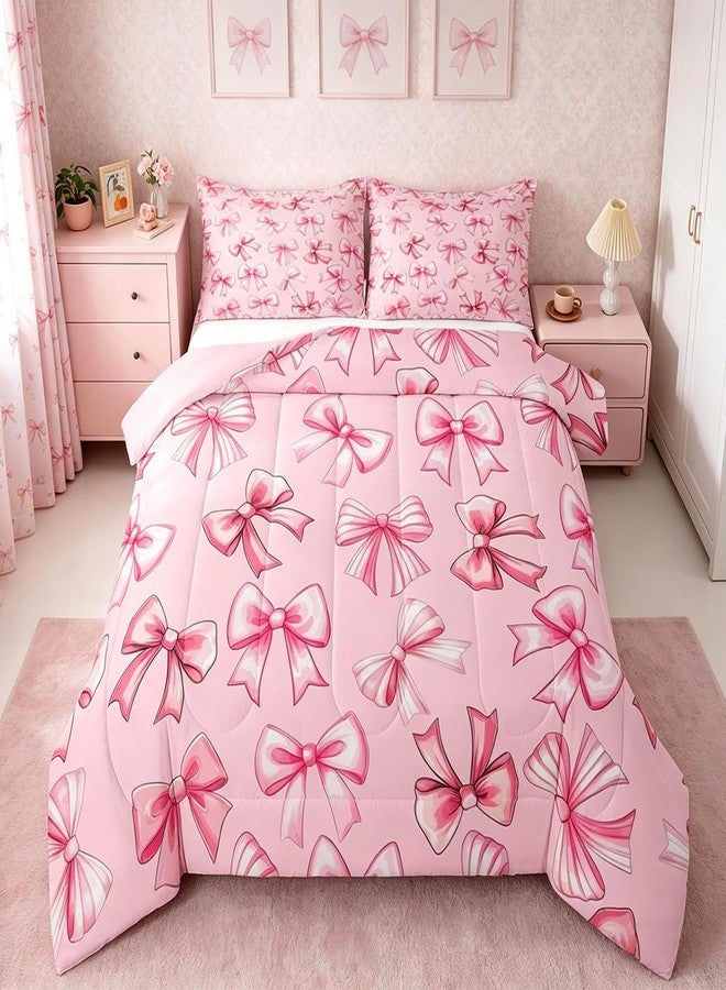 Feelyou Kawaii Pink Bow Kids Comforter Set Twin Dreamy Princess Style Bedding Set Cute Coquette Bow Knot Duvet Quilt Bedroom Gifts for Women Teen Girl,Decor Cute Bowknot Microfiber Soft Breathable - Image 1
