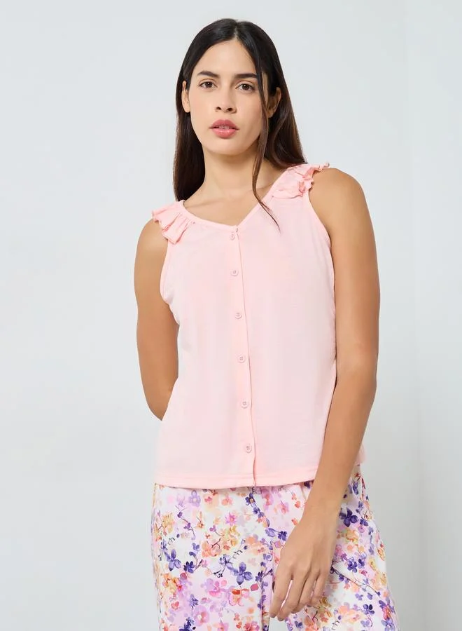 Styli Styli Ruffled Strappy Buttoned Top and Printed Pyjama Set