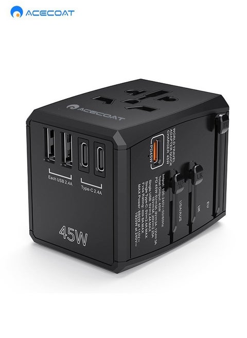 Global Universal Travel Plug With 2 USB 3 Type C Multifunctional Black Adapter With 45W Fast Charge EU US UK AU Multi-Country Converter All-In-One Power Strip