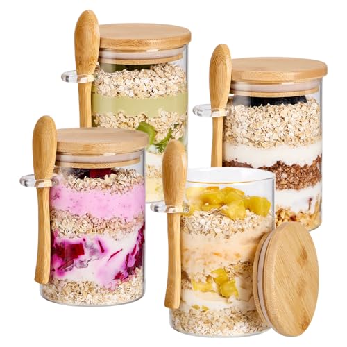Spreccio 4 Pack Overnight Oats Containers with Bamboo Lids and Spoons 22 oz Airtight Glass Jars with Lid Meal Prep Jars for Chia Pudding Yogurt Salad Cereal Coffee Flour Food Storage Canister - Image 1