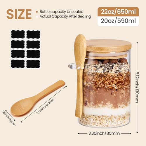 Spreccio 4 Pack Overnight Oats Containers with Bamboo Lids and Spoons 22 oz Airtight Glass Jars with Lid Meal Prep Jars for Chia Pudding Yogurt Salad Cereal Coffee Flour Food Storage Canister - Image 3