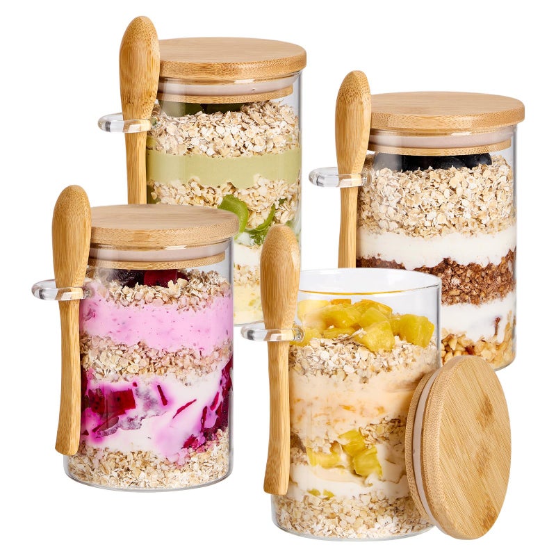 Spreccio 4 Pack Overnight Oats Containers with Bamboo Lids and Spoons 22 oz Airtight Glass Jars with Lid Meal Prep Jars for Chia Pudding Yogurt Salad Cereal Coffee Flour Food Storage Canister - Image 2