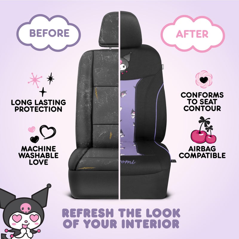 Carbella Hello Kitty Kuromi Car Seat Covers - Cute Black and Purple Front Seat Covers with 4PC Carpet Car Floor Mats - Universal Fit for Cars, SUVs & Trucks - Black with Kuromi Print & Purple, Pink Accents - Image 5