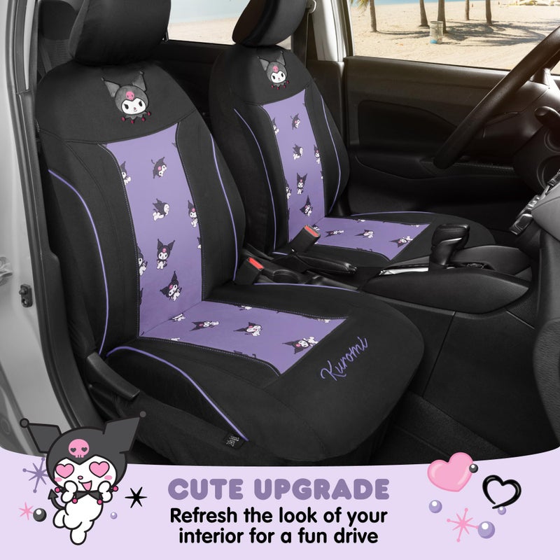 Carbella Hello Kitty Kuromi Car Seat Covers - Cute Black and Purple Front Seat Covers with 4PC Carpet Car Floor Mats - Universal Fit for Cars, SUVs & Trucks - Black with Kuromi Print & Purple, Pink Accents - Image 4