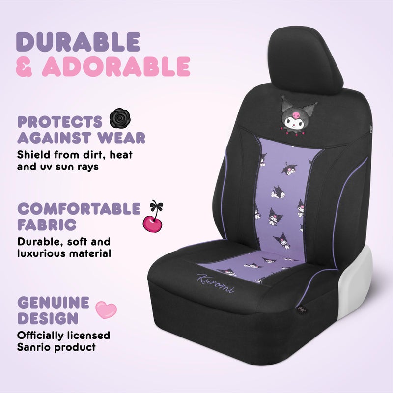 Carbella Hello Kitty Kuromi Car Seat Covers - Cute Black and Purple Front Seat Covers with 4PC Carpet Car Floor Mats - Universal Fit for Cars, SUVs & Trucks - Black with Kuromi Print & Purple, Pink Accents - Image 3