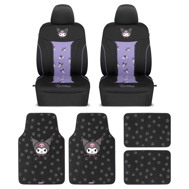 Carbella Hello Kitty Kuromi Car Seat Covers - Cute Black and Purple Front Seat Covers with 4PC Carpet Car Floor Mats - Universal Fit for Cars, SUVs & Trucks - Black with Kuromi Print & Purple, Pink Accents - Image 1