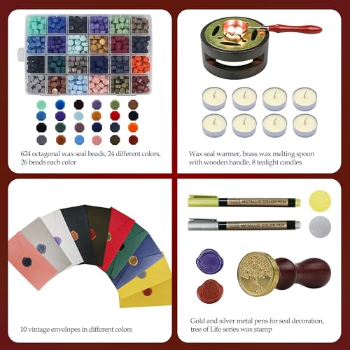 TRINIDa Wax Seal Kit, Premium Wax Seal Stamp Kit with 24 Colors 624 Pcs Beads, Metallic Pens, Warmer, Spoon and Tea Candles for Wedding Invitation, Letter Envelope, Gift Cards & DIY Crafts - Image 2