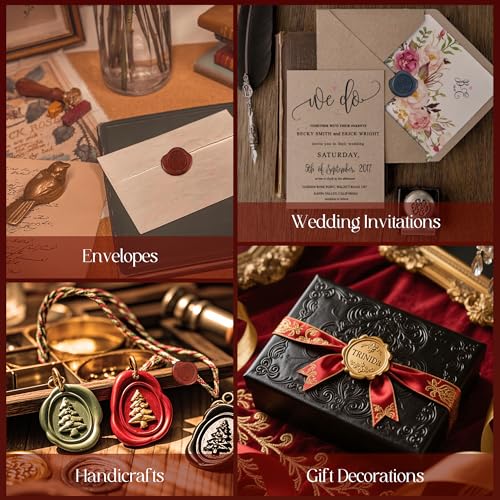 TRINIDa Wax Seal Kit, Premium Wax Seal Stamp Kit with 24 Colors 624 Pcs Beads, Metallic Pens, Warmer, Spoon and Tea Candles for Wedding Invitation, Letter Envelope, Gift Cards & DIY Crafts - Image 3