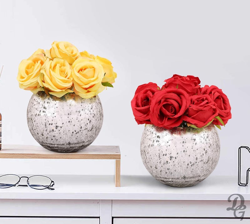 DECENT GLASS Crackle Glass Bubble Bowl Rose Bowl Crack Glass Round Vase Events Decorating Home Decor or Office Decor 6 inch Silver - Image 5