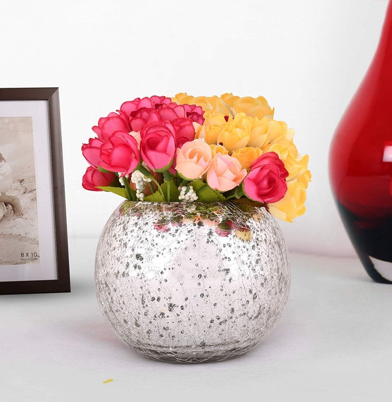 DECENT GLASS Crackle Glass Bubble Bowl Rose Bowl Crack Glass Round Vase Events Decorating Home Decor or Office Decor 6 inch Silver - Image 1