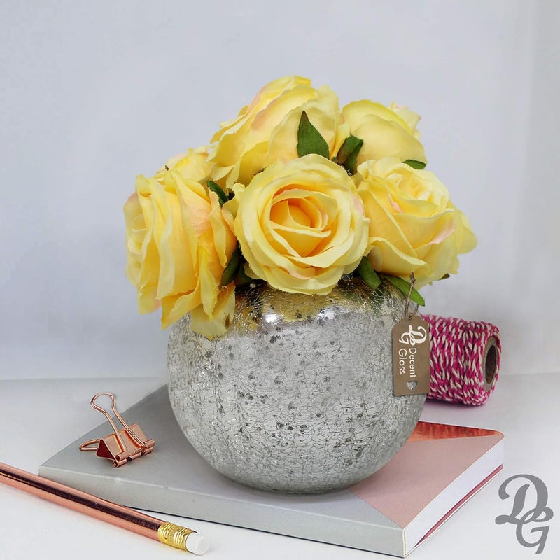DECENT GLASS Crackle Glass Bubble Bowl Rose Bowl Crack Glass Round Vase Events Decorating Home Decor or Office Decor 6 inch Silver - Image 4