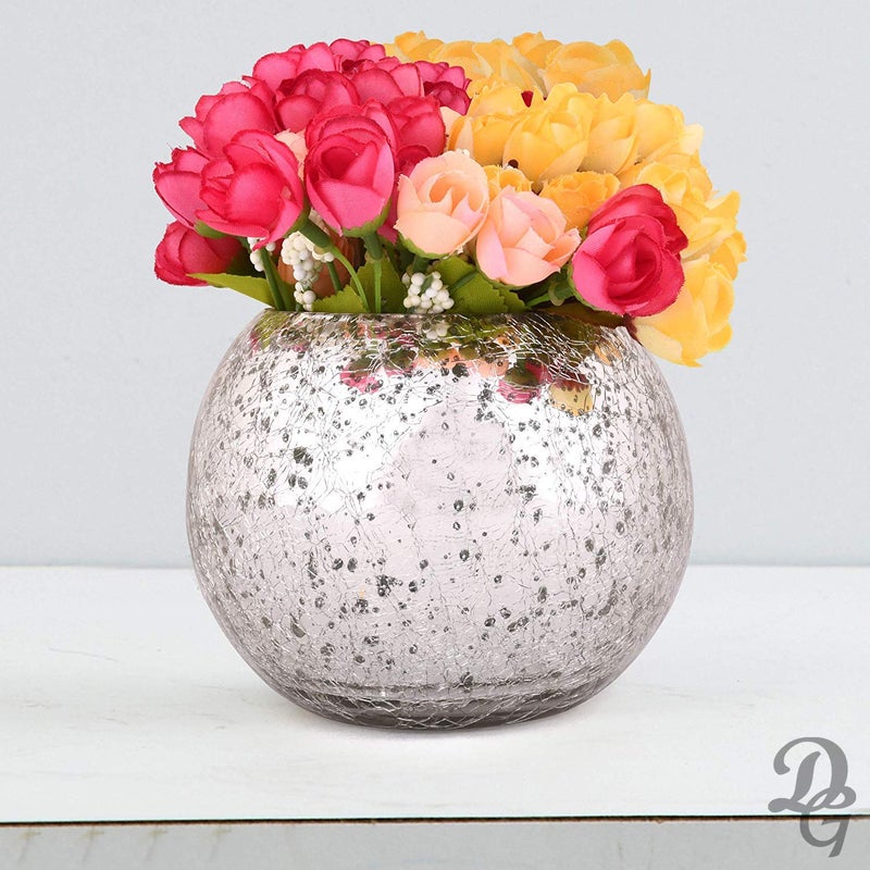 DECENT GLASS Crackle Glass Bubble Bowl Rose Bowl Crack Glass Round Vase Events Decorating Home Decor or Office Decor 6 inch Silver - Image 2