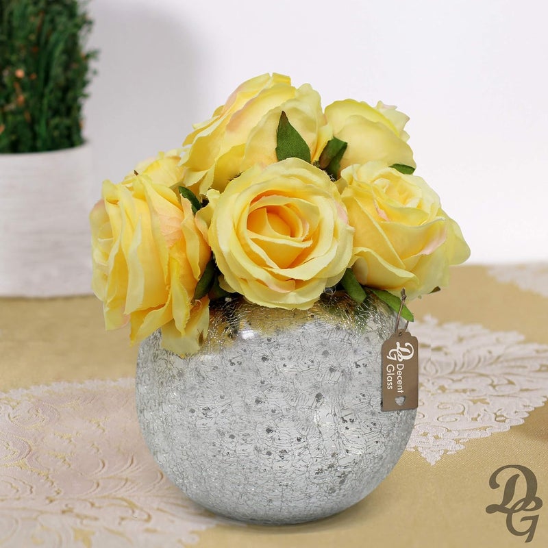 DECENT GLASS Crackle Glass Bubble Bowl Rose Bowl Crack Glass Round Vase Events Decorating Home Decor or Office Decor 6 inch Silver - Image 3