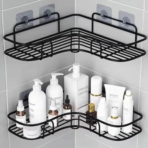KYMIO Stainless Steel Wall Mounted Bathroom Corner Shelf Organizer Storage Hanging Shower Caddy Corner Self-Adhesive Soap Holder (Pack of 2), Black - Image 1