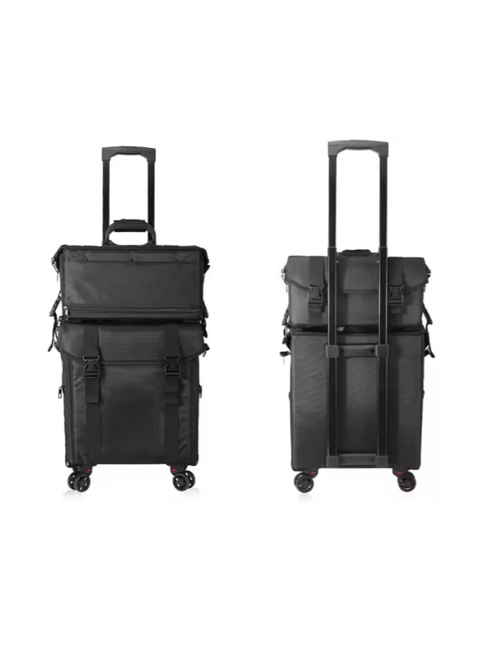 منظم مكياج احترافي 2 في 1 بعربة، حقيبة سفر تجميلية مع صناديق درج - أسود - Image 1