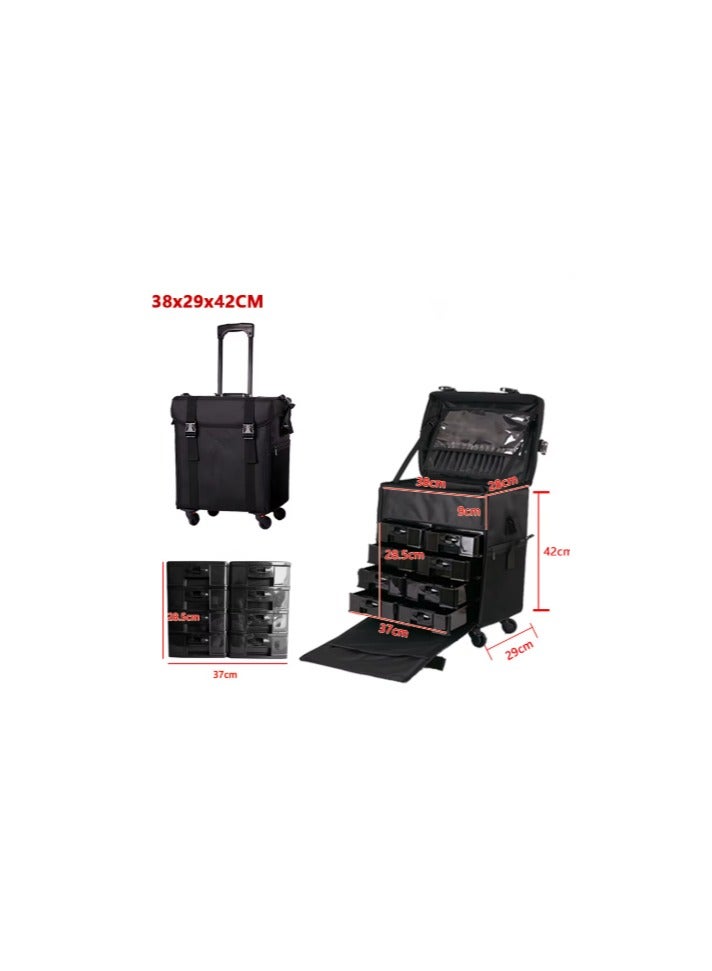 منظم مكياج احترافي 2 في 1 بعربة، حقيبة سفر تجميلية مع صناديق درج - أسود - Image 2