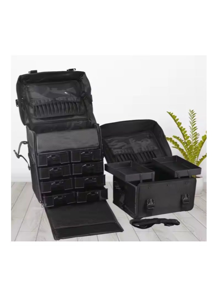 منظم مكياج احترافي 2 في 1 بعربة، حقيبة سفر تجميلية مع صناديق درج - أسود - Image 5