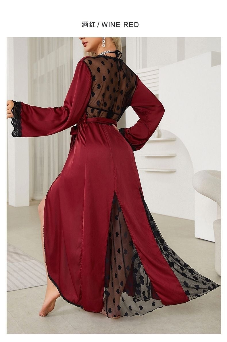 CME Cross-border Sheer Lace Heart Mesh Nightgown Morning Robe Long Silk Bathrobe Women's Homewear - Image 3