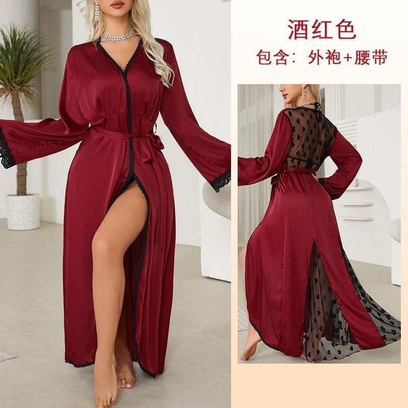 CME Cross-border Sheer Lace Heart Mesh Nightgown Morning Robe Long Silk Bathrobe Women's Homewear - Image 1