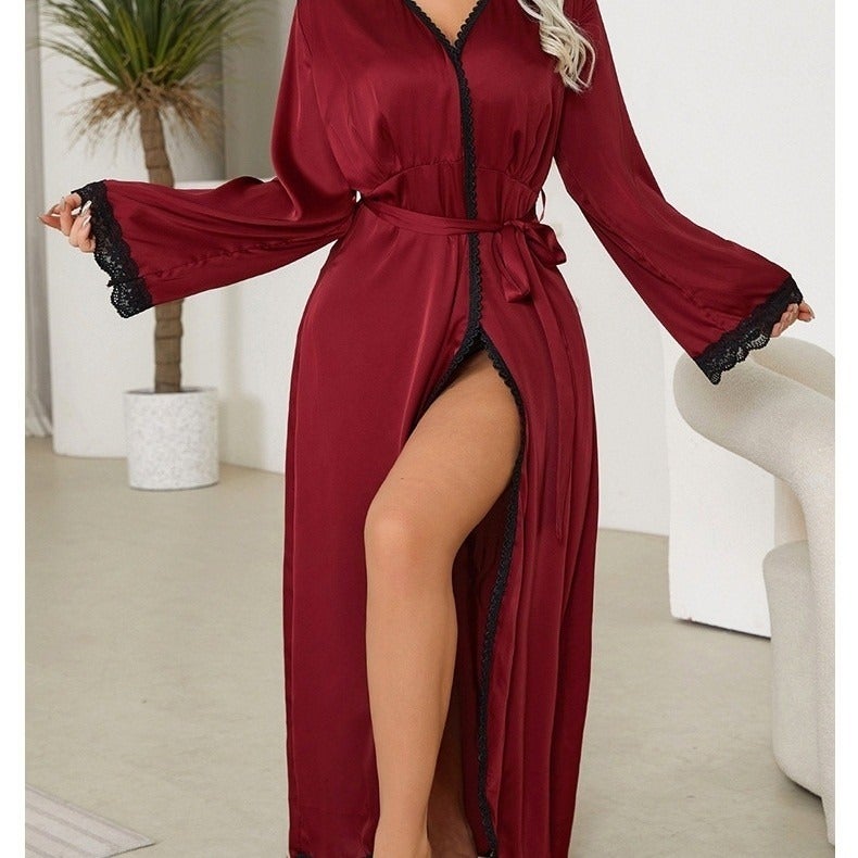 CME Cross-border Sheer Lace Heart Mesh Nightgown Morning Robe Long Silk Bathrobe Women's Homewear - Image 2