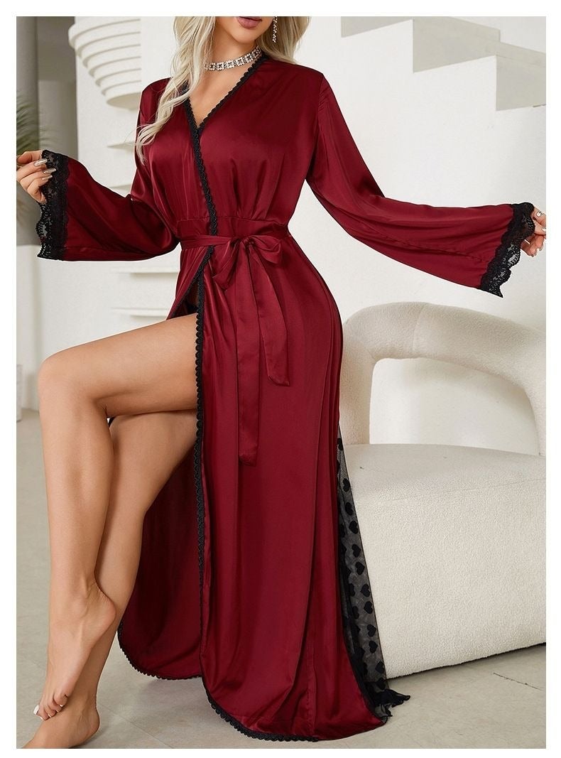 CME Cross-border Sheer Lace Heart Mesh Nightgown Morning Robe Long Silk Bathrobe Women's Homewear - Image 4
