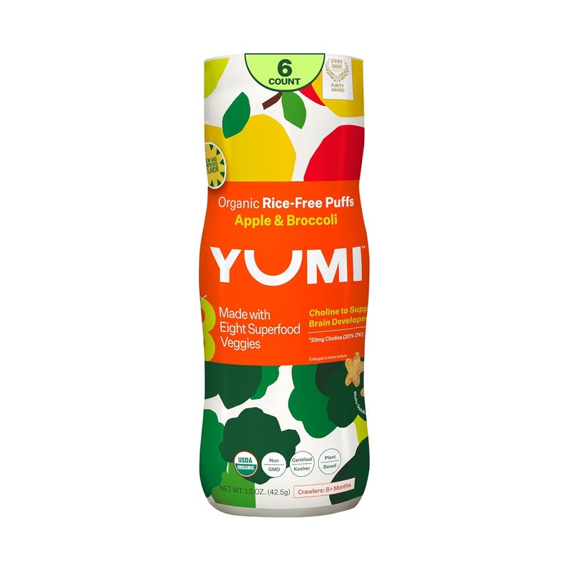 Yumi وجبات خفيفة للأطفال من يومي خالية من الأرز بدون سكر مضاف خالية من الجلوتين غير معدلة وراثيًا وجبات خفيفة عضوية للأطفال آمنة للمدرسة لمرحلة الرعاية النهارية وصناديق الغداء بديل لوجبات التسنين للأطفال تفاح بروكلي 6 قطع - Image 1