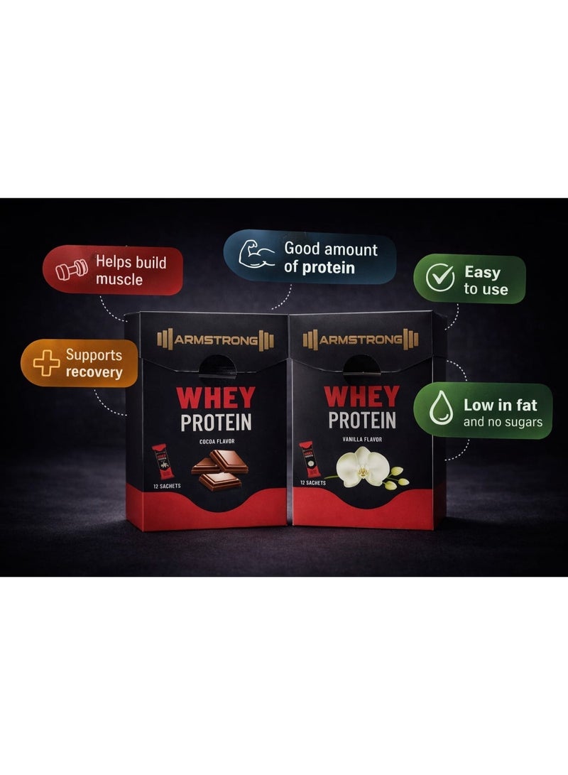 Armstrong Whey Protein Sachets – Cocoa & Vanilla Flavors (12 Sachets) Premium Protein for Muscle Growth, Recovery & Daily Nutrition - Image 3