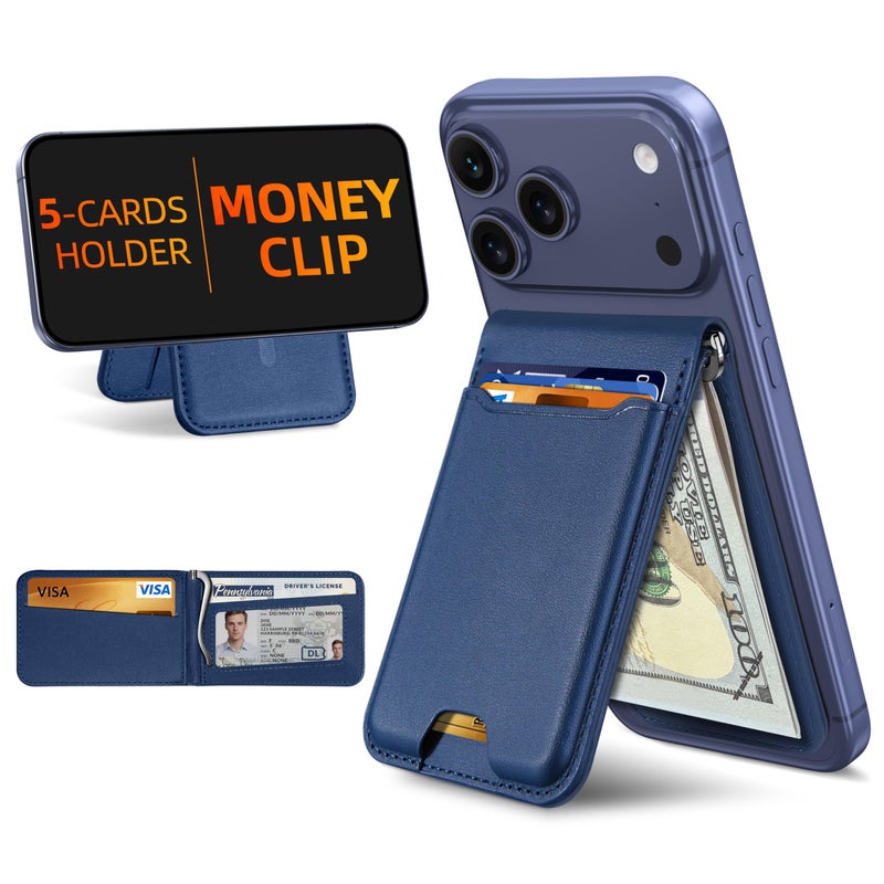 ExtreLife For Magsafe Wallet with Money Clip, Strongest Magnetic Wallet for iPhone 17/16/15/14/13/12 Series, Adjustable Stand, ID Window, 5 Card Holder, RFID Blocking, Not for 13/12 Mini, Navy Blue - Image 1