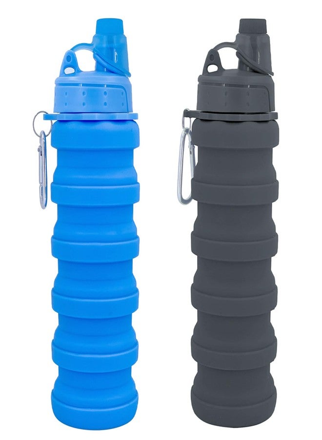 YCTMALL Collapsible Water Bottles Two Pack Travel Sports Portable Sport Water Bottle comes with mountaineering Buckle 500ml silicone Water-proof camping water bottle (Blue and Grey Color) - Image 1